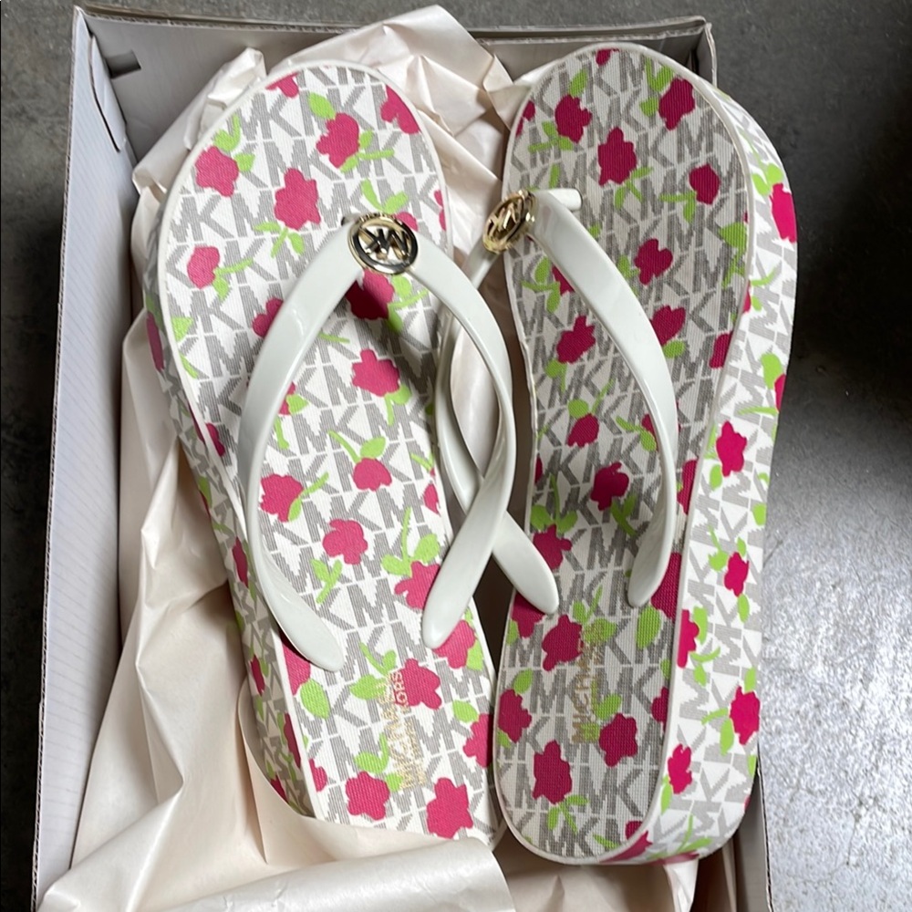 Michael Kors White and Pink Floral Flip Flops